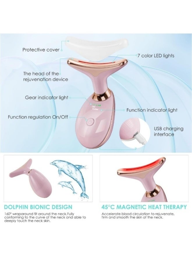 جهاز تدليك كهربائي للوجه والرقبة، مساج كهربائي للوجه والرقبة، مساج محمول عالي التردد لشد الوجه بالتدليك الحراري عالي التردد، علاج بالضوء الأحمر للوجه والرقبة، جهاز تدليك الوجه EMS للوجه مع 7 ألوان وردى - Image 5